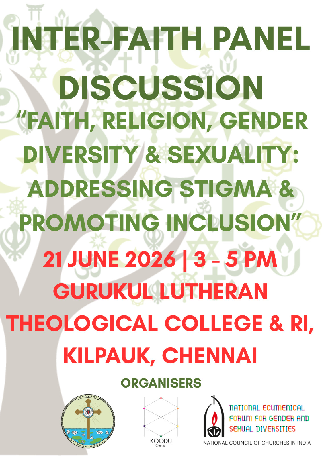 Interfaith Panel discussion : Faith, Religion, Gender diversity and Sexuality : Addressing stigma &amp; promoting inclusion poster